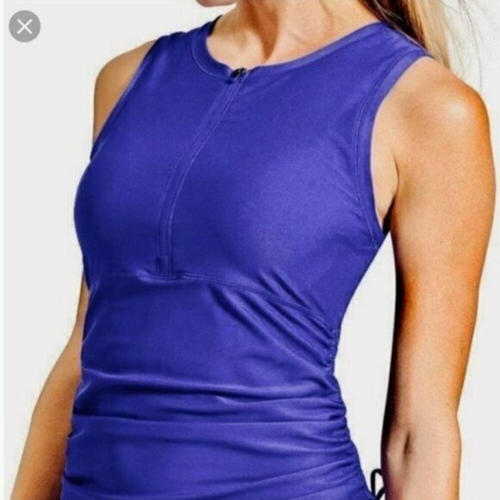 Athleta Side Scrunch Rashguard XS Blue Swim Top UPF 50+ Zip Front Beach